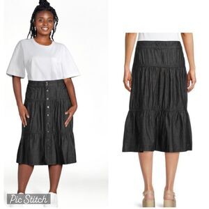 Time and Tru Wms Sz 10 Washed Black Tencel Tiered Relaxed Fit Denim Midi Skirt